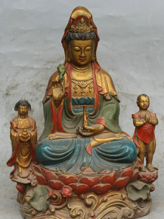 

Песня voge gem S2005 12 дюймов китайская Бронзовая живопись Seat Kwan-yin Guan Yin богиня мальчик девочка ваза статуя