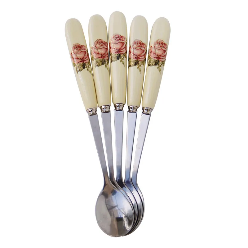 5pcs Queen rose Нержавеющая сталь Керамика ручка Чай ложкой перемешать Кофе ложка Мёд Десерт Мороженое Совок Чай ложка Посуда 15*2.6 см - Цвет: 5pcs Queen rose