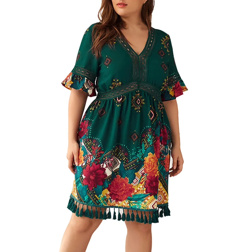 Plus Size Women Summer Dress Bohemian Floral Print Tassels Short Sleeve Dress Vintage Women V-Neck Beach Dresses roupas feminina