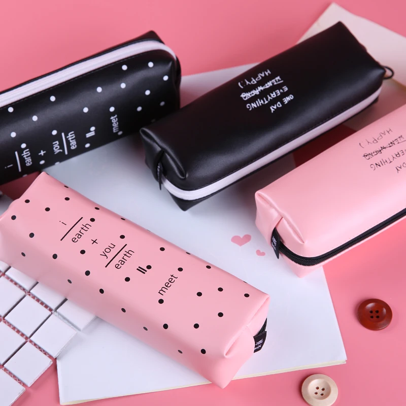 Cute Pink pencil case for girls Kawaii Black white Dot Pu Leather Pen Bag Stationery Pouch Office School Supplies Zakka escolar |