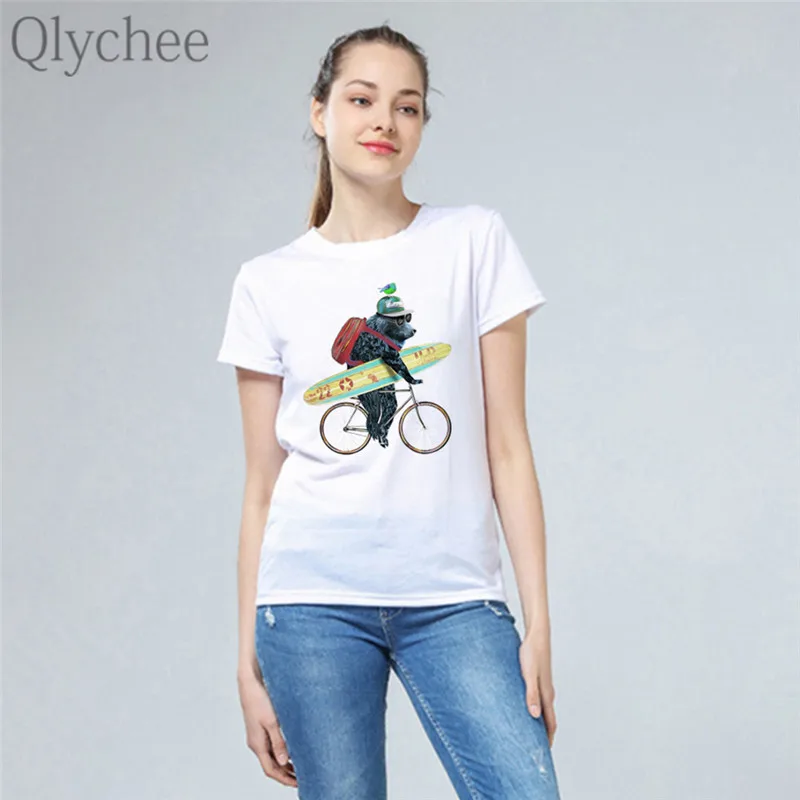 Qlychee Harajuku женские футболки с принтом собаки велосипеда вырезом лодочкой и
