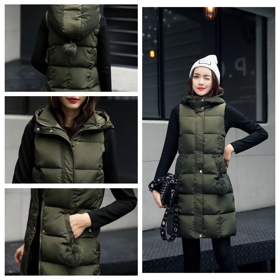 2017 зимний женский длинный жилет со съемным меховым помпоном тонкий подходит для