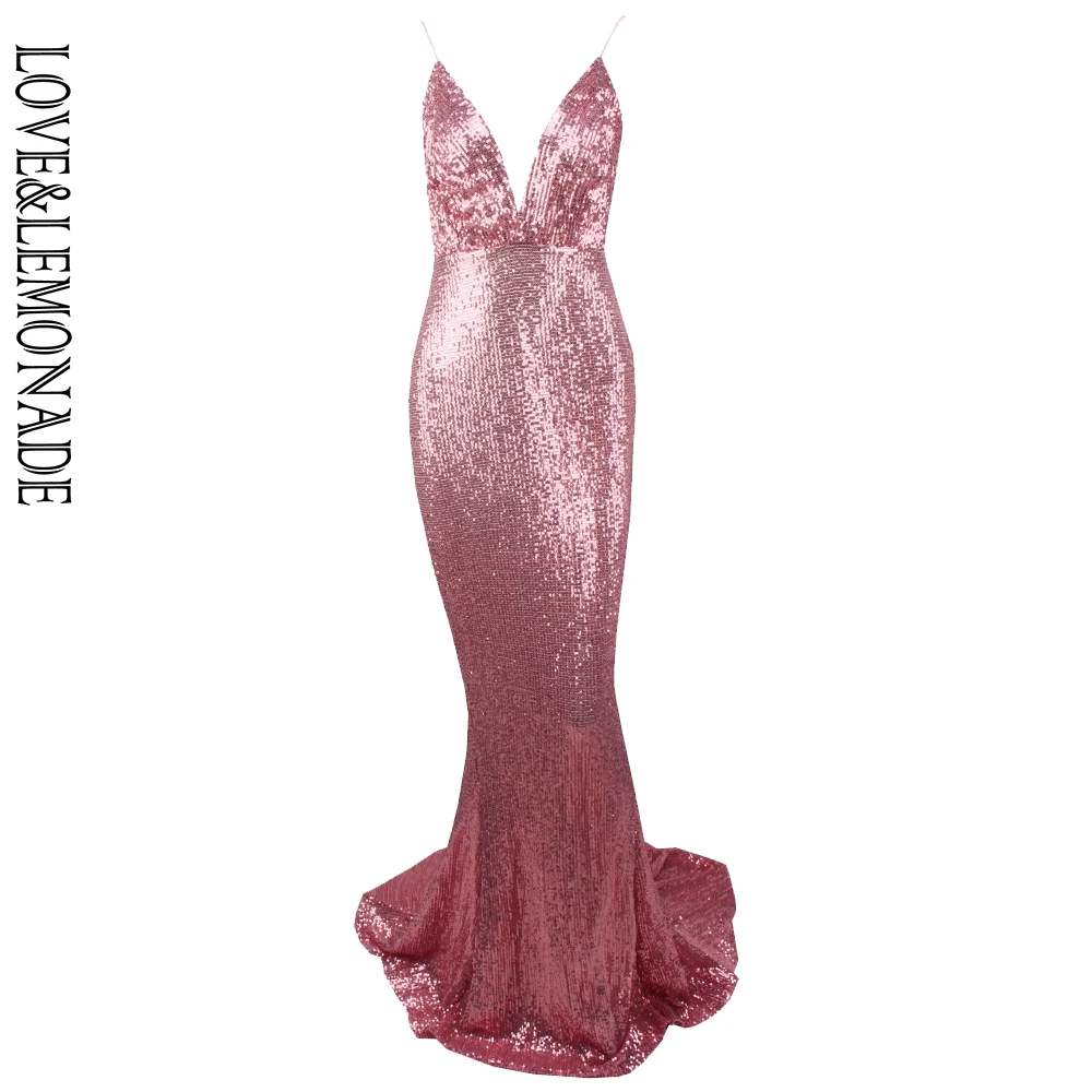 Женское эластичное платье LOVE & LEMONADE розовое длинное с v образным вырезом и
