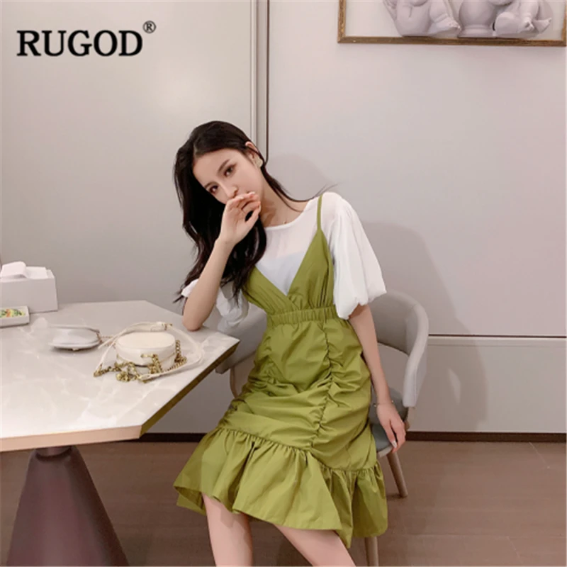 RUGOD новое поступление женское платье русалки из двух частей с круглым вырезом белая рубашка и зеленое плиссированное платье темперамент стильное корейское платье