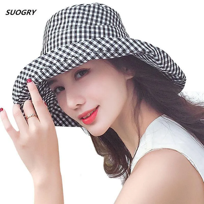 

2018 Summer Women Plaid Sun Hat Female Summer Big Wide Brim Cotton Anti-UV Beach Sun Floppy Hats Flat Caps Bob Chapeau Gorras