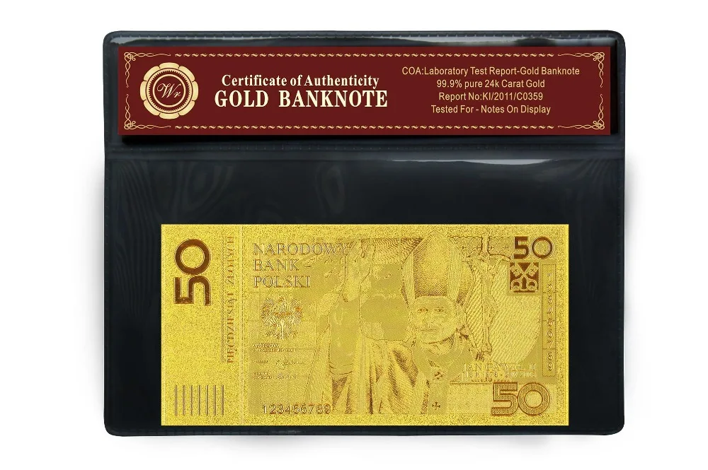Уникальная металлическая ручная работа Польша 50 позолоченных банкнот чистое