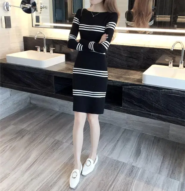 

Autumn and winter female stripe sweater dress medium-long slim hip slim one-piece dress