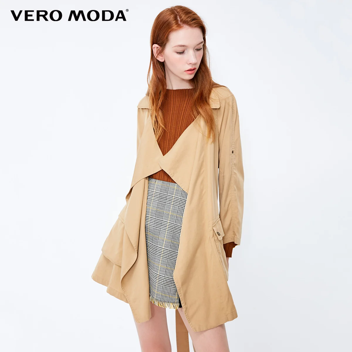 Vero Moda женский декоративный карман свободный крой армейский зеленый Тренч с лацканами пальто | 318317505 - Цвет: Trench camel