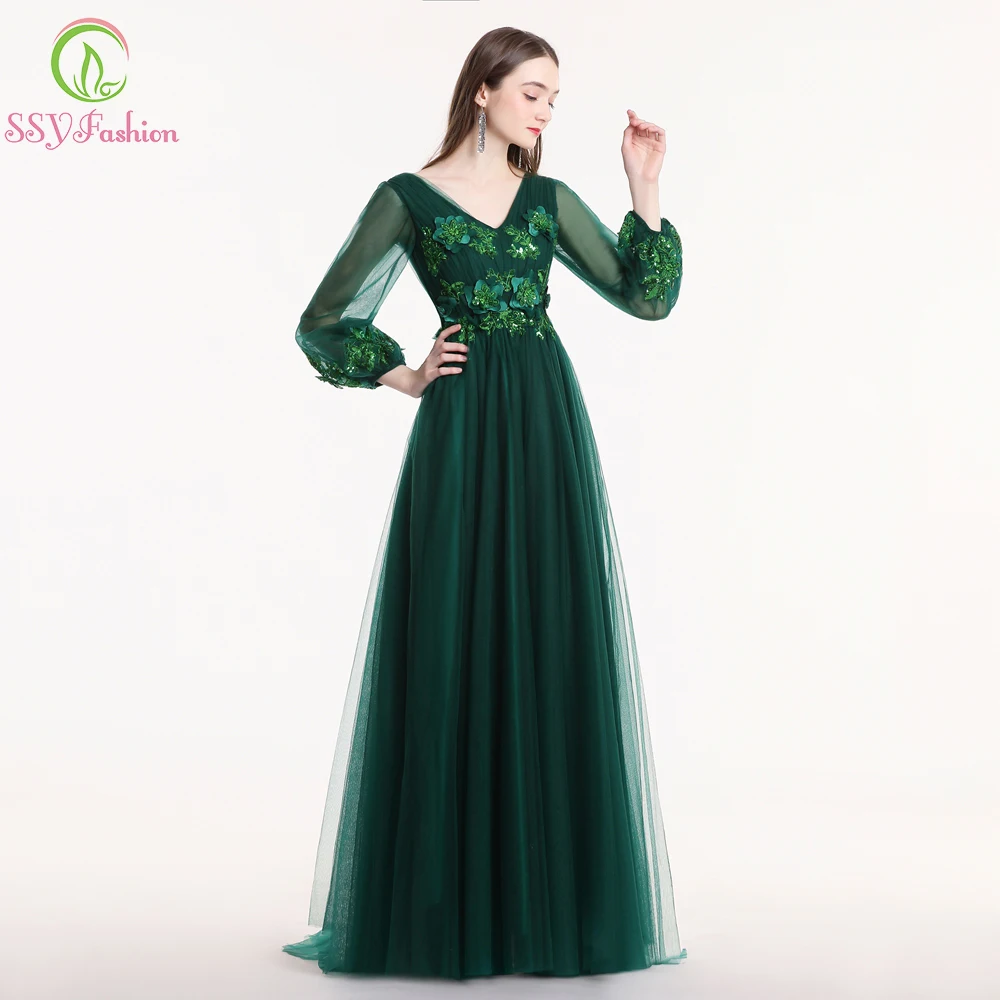 SSYFashion/Новинка; милое фиолетовое и розовое кружевное платье с цветочным узором для выпускного вечера; вечерние платья с длинным рукавом и v-образным вырезом; вечернее платье на заказ