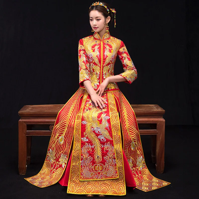 2018 Новое свадебное платье в китайском стиле с бусинами стразами драконом и