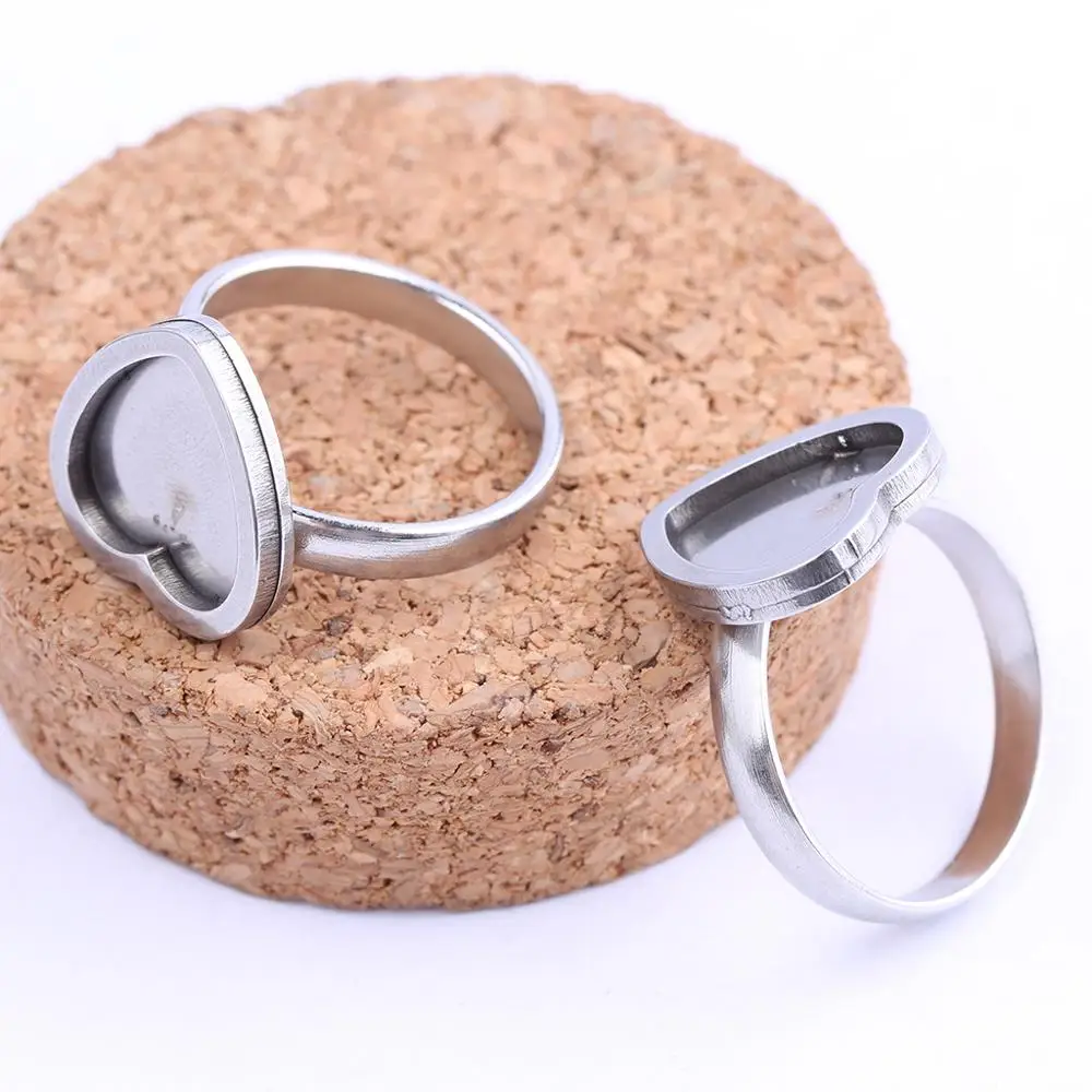 

10pcs Fit 12mm Heart Cabochon Ring Setting Blanks Stainless Steel Adjustable Cameo Bezels For Jewelry Making