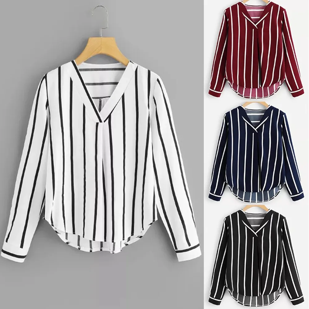 Женская рубашка в полоску с длинным рукавом и треугольным вырезом|Футболки| |
