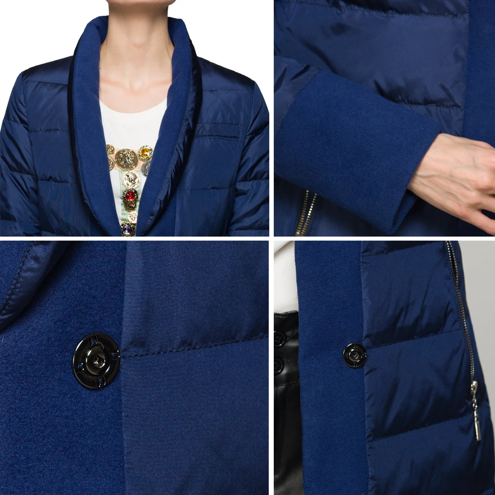 Европейские женские зимние однотонные синие шерстяные Лоскутные Длинные парки