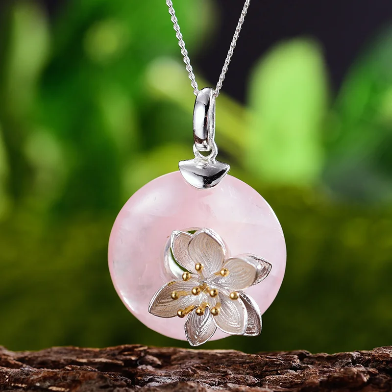 Lotus весело натуральная 925 пробы серебряные подвески для Для женщин круглый зеленый авантюрин серебряный брелок с цветами без Цепочки и ожерелья для девочек Gits - Цвет камня: pink