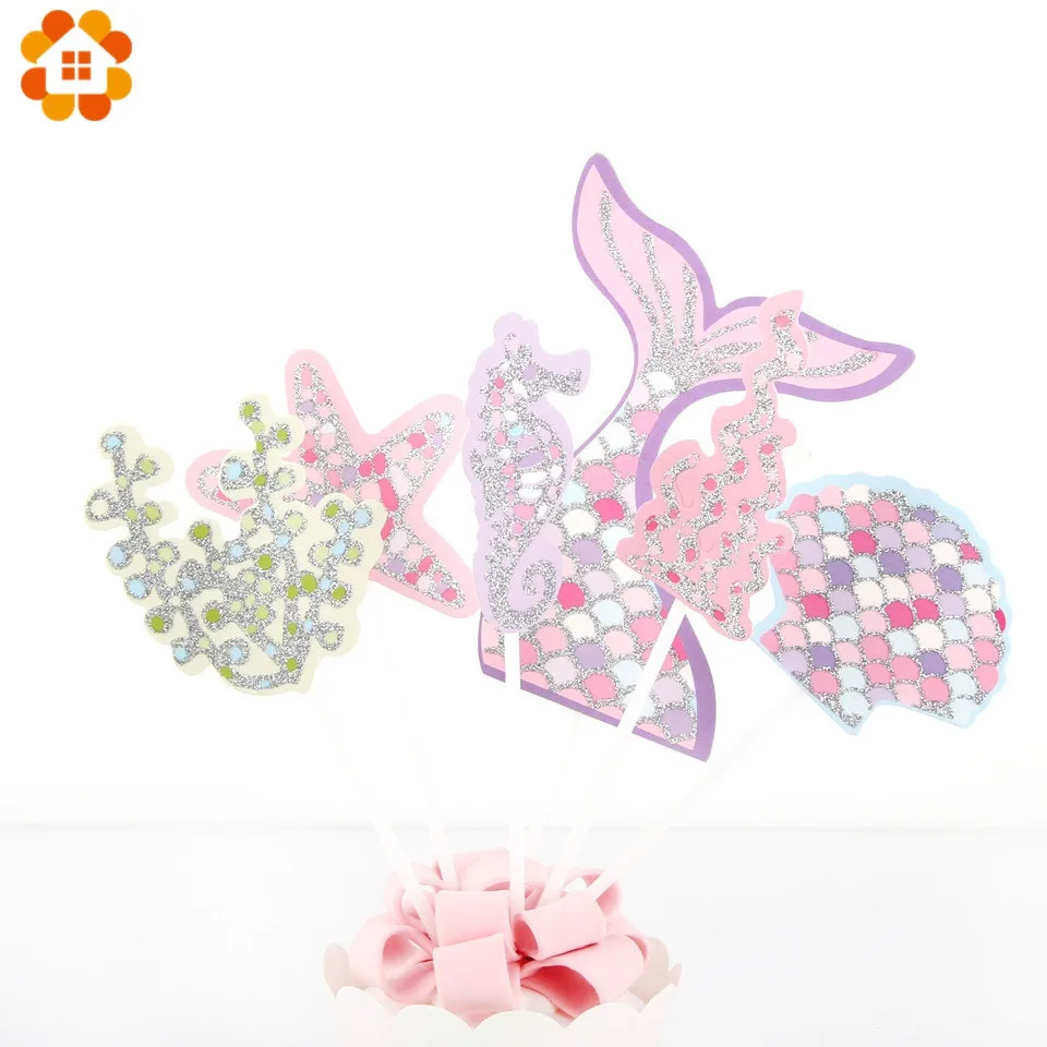 7Set/Lot Birthday Cake Toppers Cute Glisten Mermaid Theme Party Cupcake Decoration Tail Sequins Pearl Fashion Supplies | Дом и сад