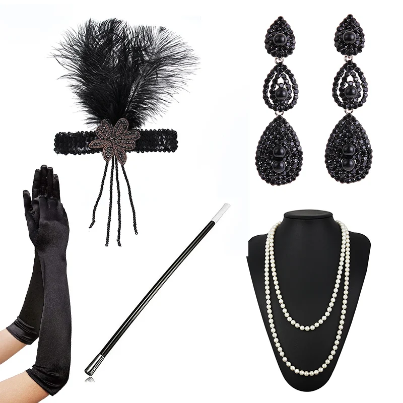 20S Accessories Set 1920s Аксессуары повязка на голову ожерелье перчатки держатель для сигарет серьги Хлопушка Костюм аксессуары набор для женщин - Цвет: 20S Accessories Set