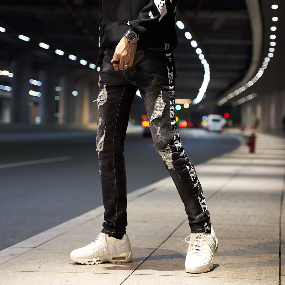 

Fashionable Male Washed Destroy Jeans Black Slim Fit Ripped Track Jeans High Street Stretch Hole Letters Men's Jeans Trousers
