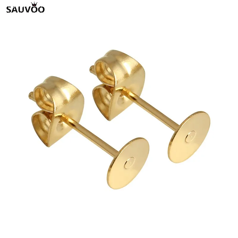 Sauvoo 50 шт. нержавеющая сталь золотой цвет пустая основа под сережки-гвоздики подходят 3 мм 4 мм 5 мм 6 мм 8 мм Кабошон бусины DIY Изготовление ювелирных изделий F5355