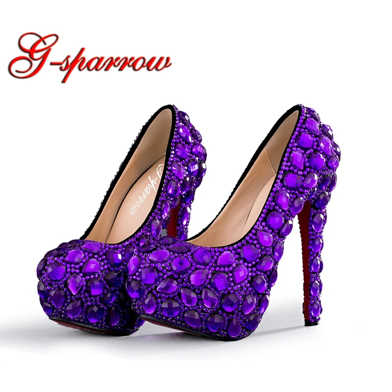 

2018 Purple Rhinestone Wedding Bridal Shoes Woman High Heels Party Prom Dress Shoes Plus Size US 4-US 12 Adult Ceremony Pumps