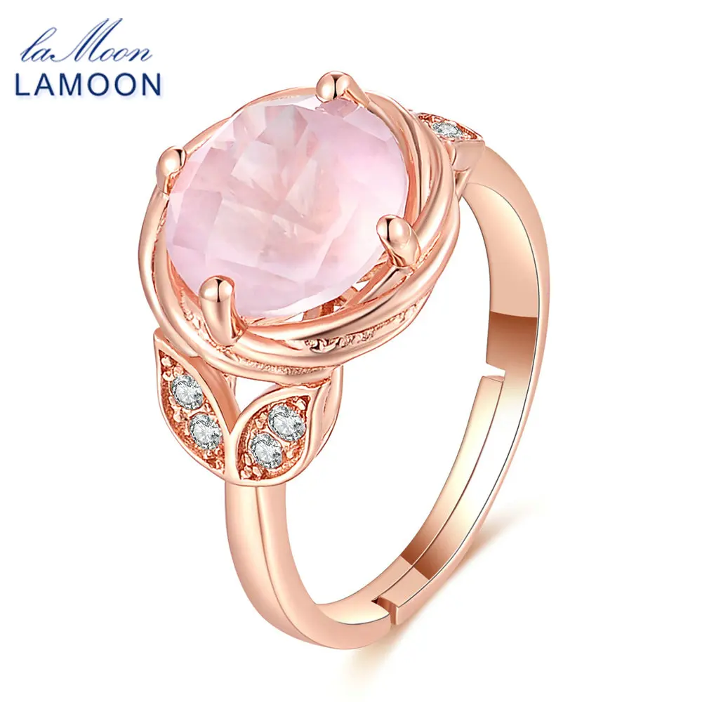 

LAMOON Flower Wedding Ring Natural Pink Rose Quartz 925 Sterling Silver Adjustable Rings For Women Fine Jewelry Gift LMRI016