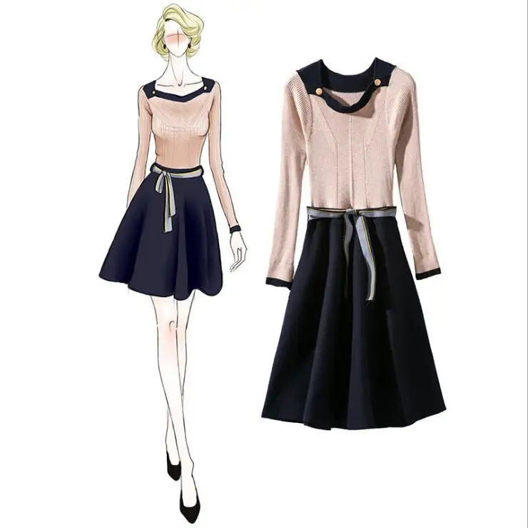 

Женская одежда в европейском и американском стиле, новинка 2017, зимнее трикотажное платье на шнуровке с длинным рукавом и пряжкой с поясом