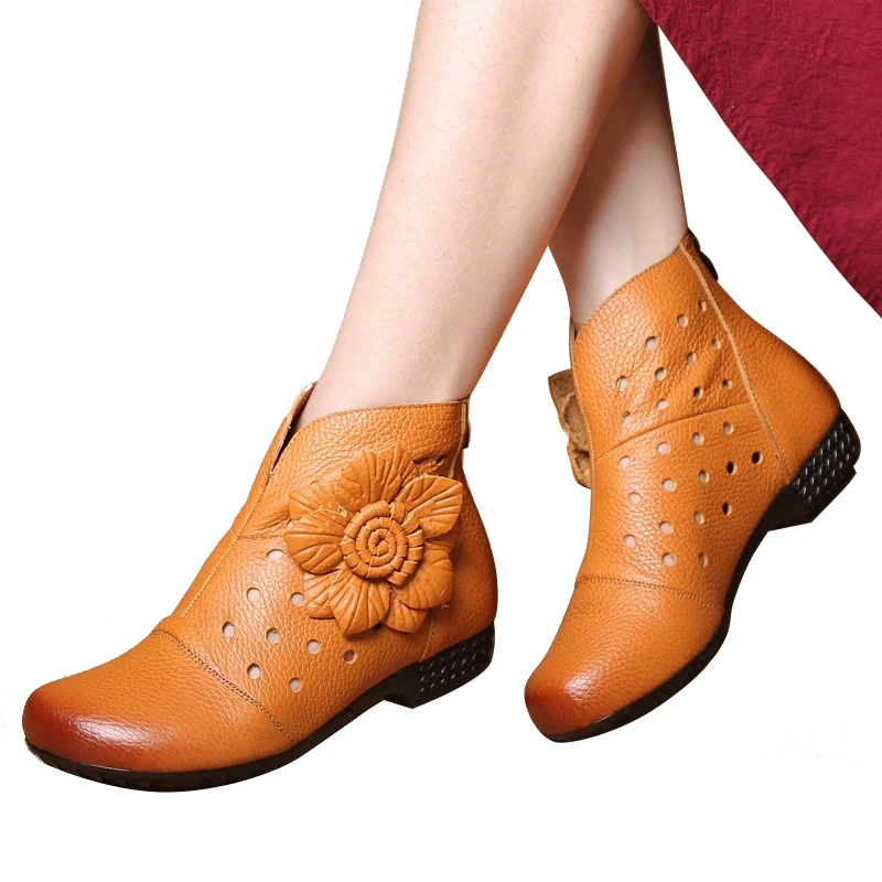 

MVVJKE 2018 Autumn Women's Genuine Leather Shoes Vintage Flower Hollow Out Cowhide Boots Retro Comfortable Low Heel Female Boot
