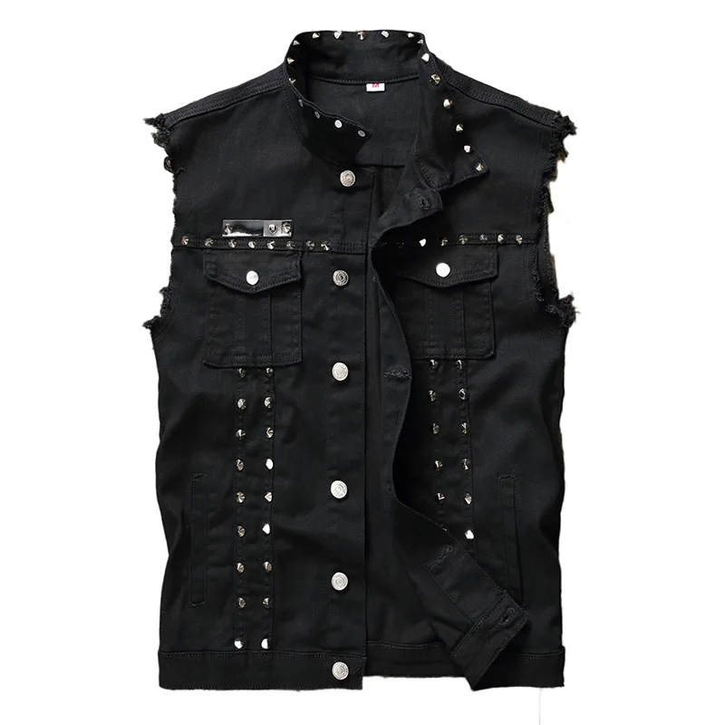 Idopy Fashion Mens Rivet Denim Vest Punk Party Studded Slim Fit Jean Jacket Male Sleeveless Waistcoat For Men Plus Size