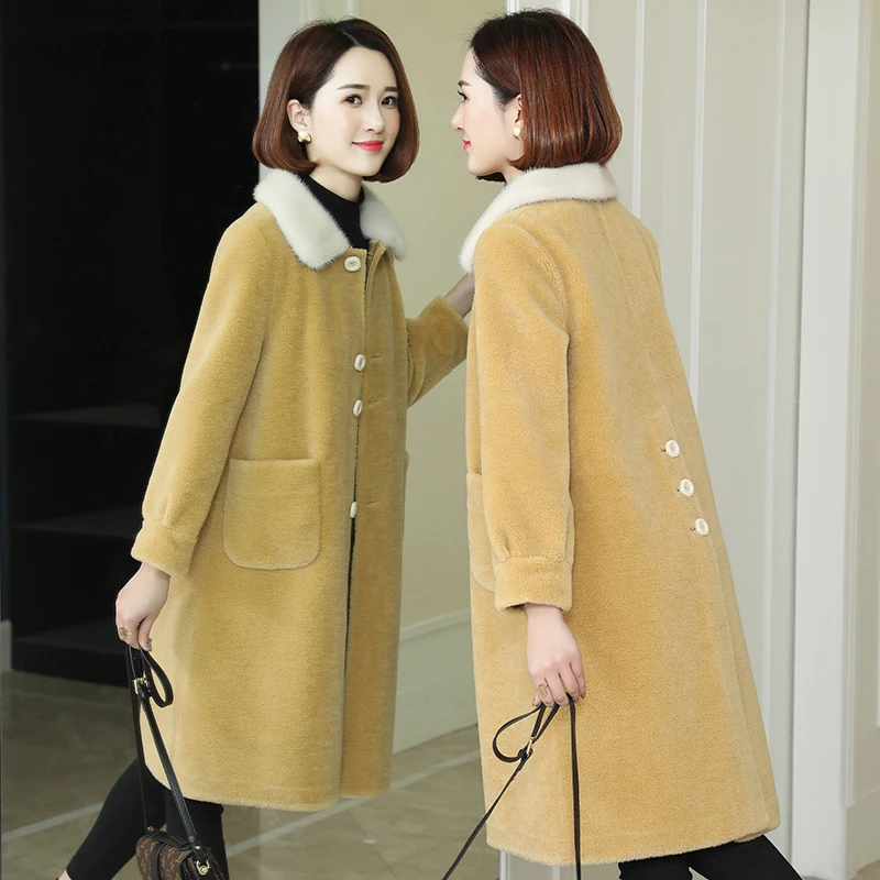 

Tcyeek Real Sheep Shearing Jackets Women Autumn Winter Wool Coat Female Spring Parka Natural Mink Fur Collar Overcoat LWL1357