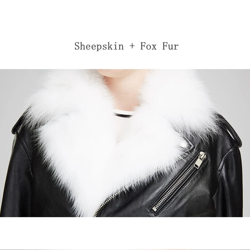 

Leather Women'S Lambskin Leather Bomber Biker Jacket Long Sleeves Zipper Fox Fur Vest Two-Piece Suite