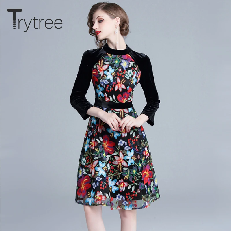 Trytree осеннее женское платье трапециевидной формы с цветочной вышивкой из бархата