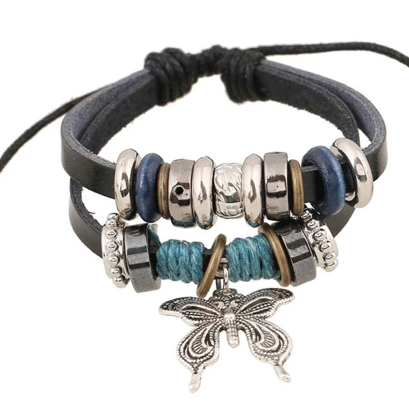 Модные кожаные браслеты с бабочками для женщин ювелирные изделия Boho плетеный