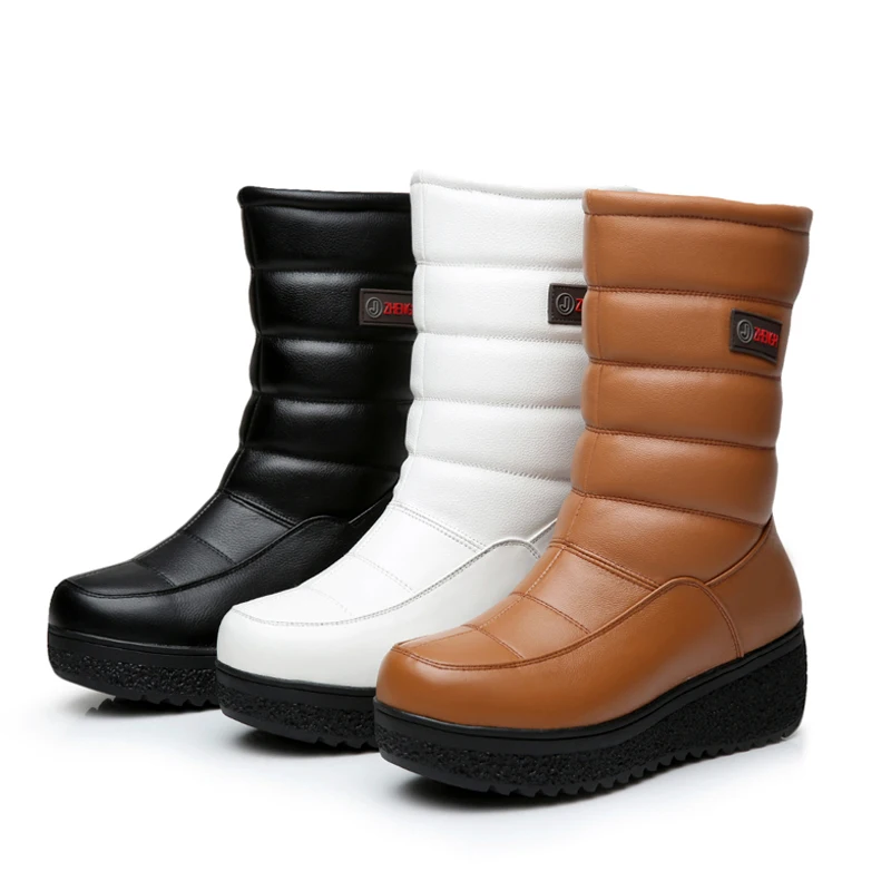 New Winter Mid Calf Boots Women Genuine Leather Boots Wedges Round Toe Mid Heels Boots High Quality Shoes Size 34-41 M4.0