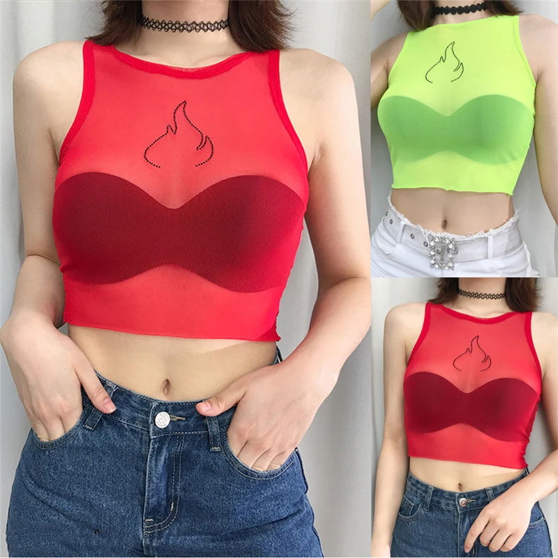 Для женщин рукавов See Through укороченные женские топы с круглым вырезом сетки