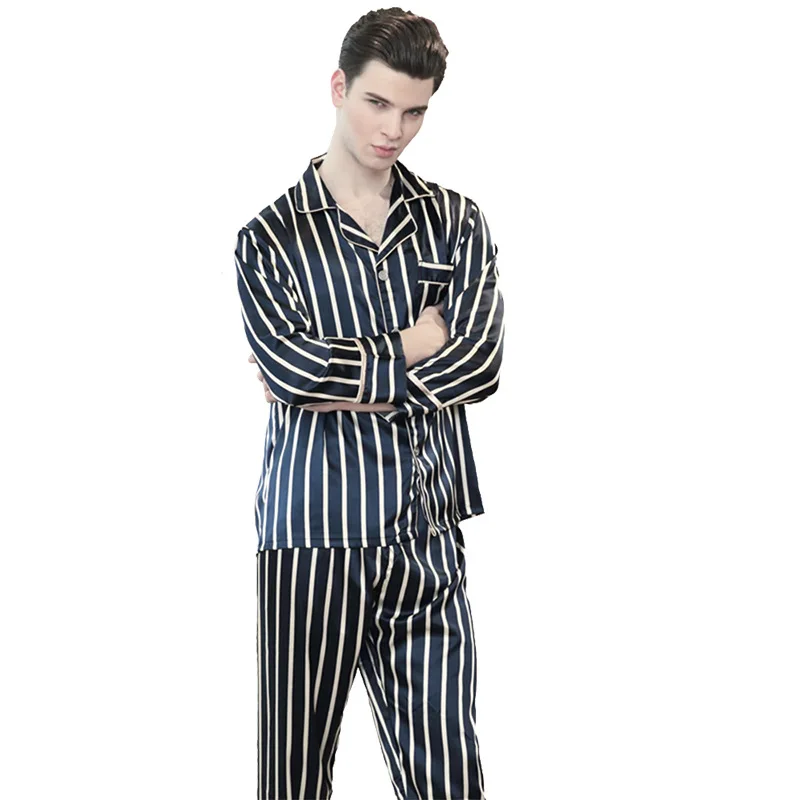 

2018 Chinese Satin Silk Pajamas Sets Long Sleeve Men Turn Down Collar Pijama Male Button Closure Home-wear Sets