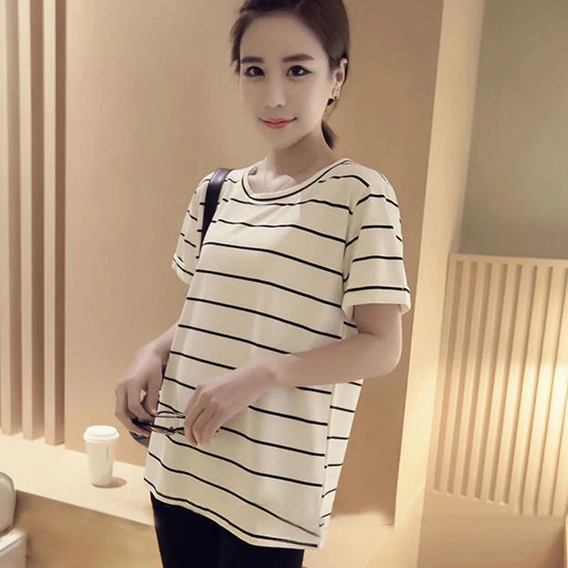 Liva Girl Simple Summer Fashion Women Black White Striped Short Sleeve Loose Tops Female Shirts Clothing Gifts | Женская одежда