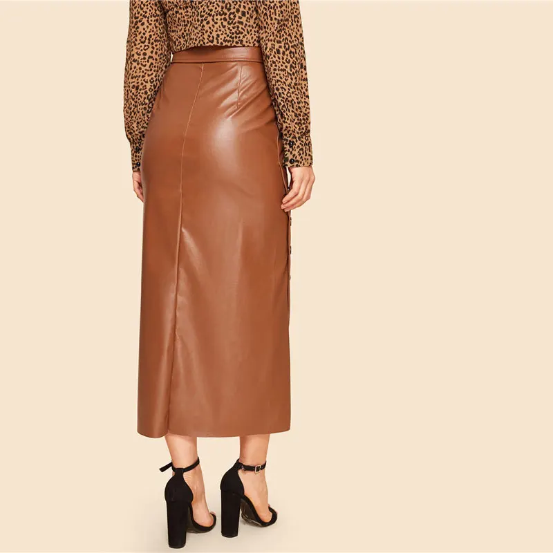 SHEIN Двубортная Асимметричная PU Юбка В Стиле 60-Х Годов С Поясом Женская Осенняя Коричневая Гламурная Юбка С Пуговицами