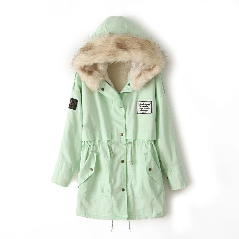 Elexs New Fashion Winter Women Fur Hooded Zipper Embellished Fleece Inside Military Casual Coat outerwear Parkas | Женская одежда