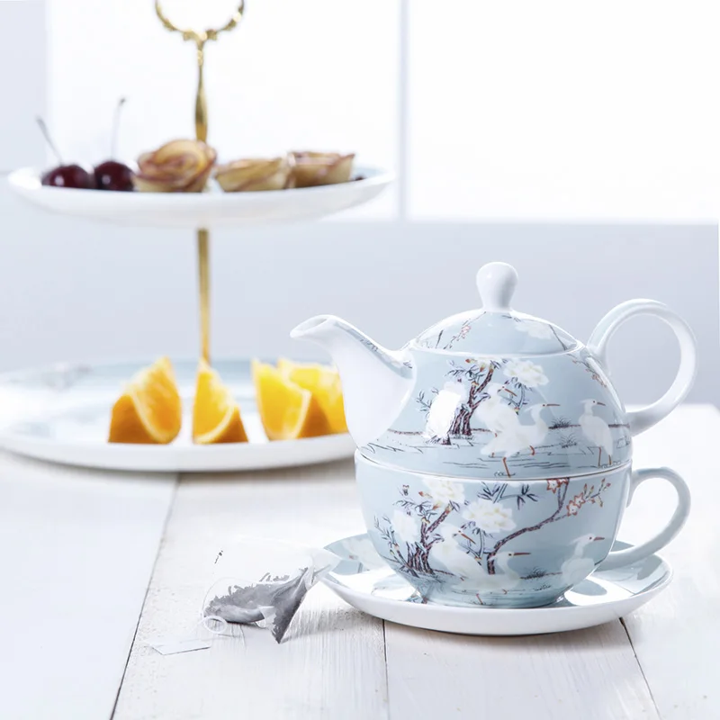 

350/450ml Boutique European Hand Painted White Crane Ceramics Bone China Afternoon Tea Set Teapot Kettle Teacup Milk Coffee Mug