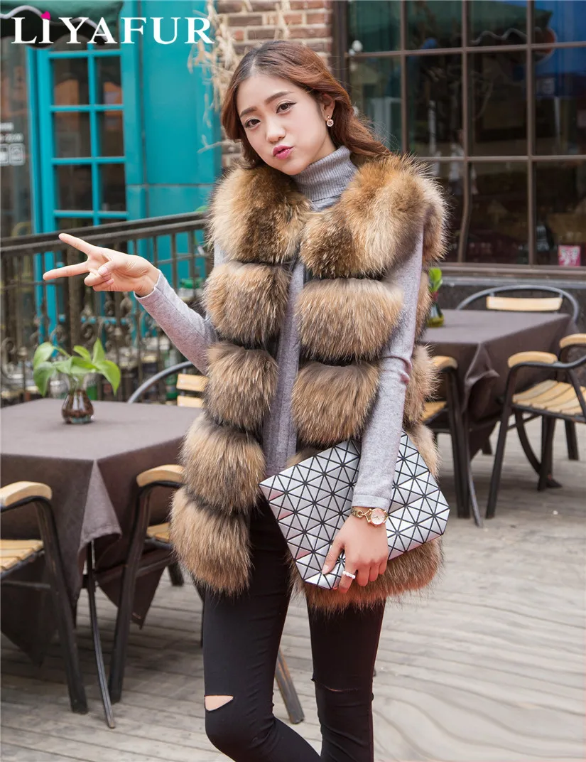 

LIYAFUR 2019 New Women's Real Genuine Raccoon Fur Leather Vest Waistcoat Gilet