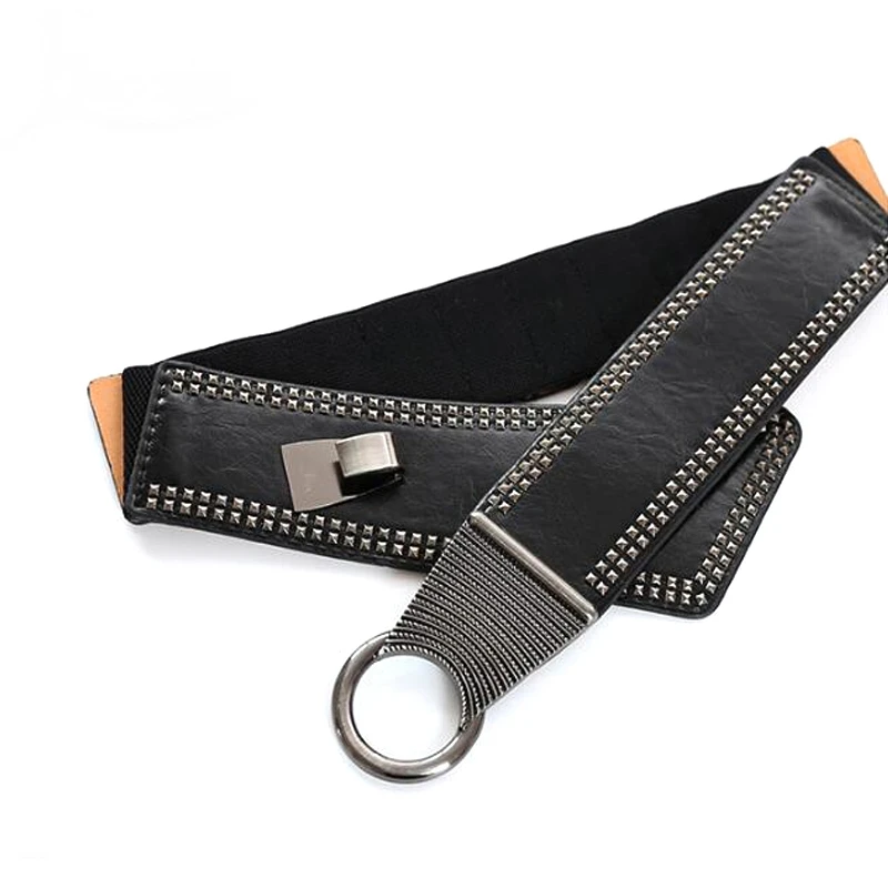 

New Fashion brand Punk Rocker Wide Belts for Women Elastic Wide casual Style Women Belts Metal Round Buckle Female accessories