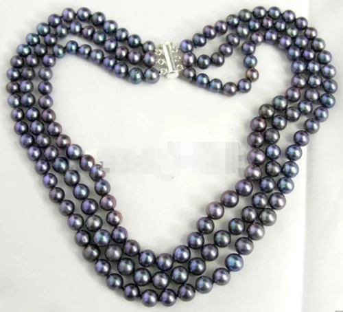 

New Genuine 3Rows 7-8MM Natural Black Akoya Cultured Pearl Necklace 18-20'' AAA+
