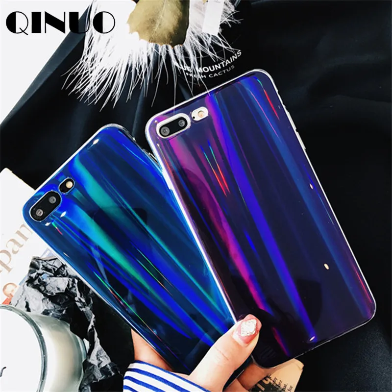 QINUO Blue Purple Holographic High quality Laser Case For iPhone 5 7 8 6S Plus X XS Max XR Soft Silicone Cases Back Cover Funda |