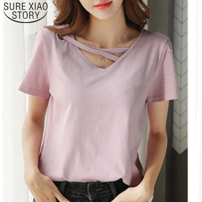 

White T-shirt Fashion Women T Shirt 2019 Summer V Collar Cotton Female Shirt Short Sleeve Women Shirts Womens Clothing 2573 50