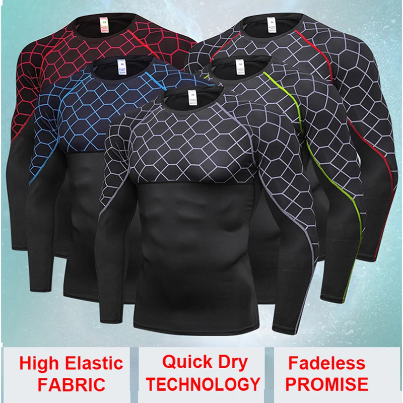 Grid Printed Men's Compression Fitness Shirts Base Layer Long Sleeve Tight Sports T-Shirt Running Gym Rashguard Sportswear Tops | Спорт и