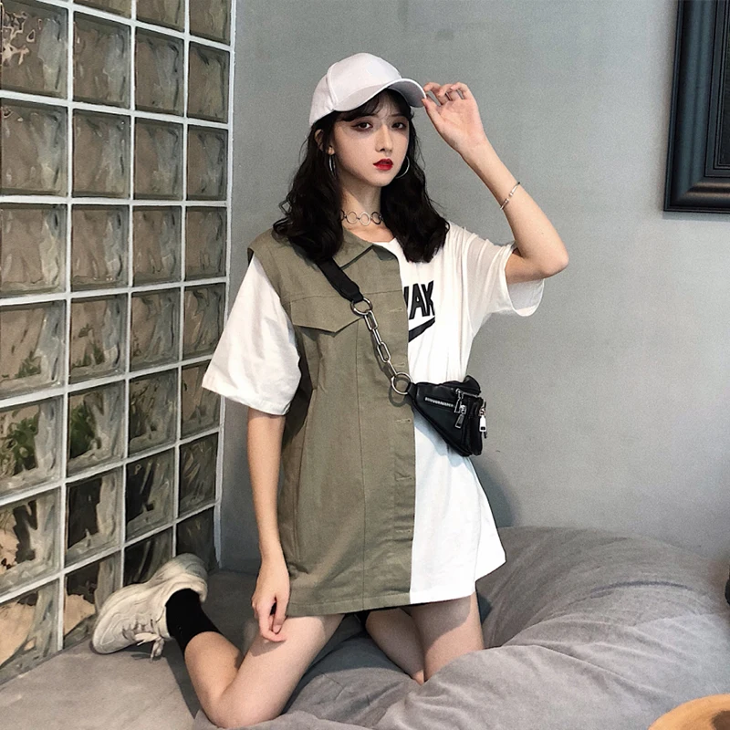 Woherb летняя Harajuku футболка Женская Корейская уличная Лоскутная рубашка Женская свободная длинная футболка Camiseta Mujer 21266 - Цвет: as photo