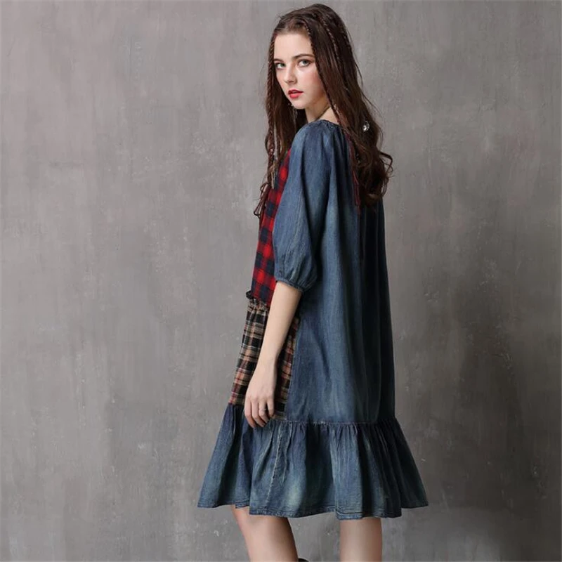 Spring Autumn New Personality Dress Women Casual Vintage Patchwork Hit Color Half sleeve O-Neck Loose retro Denim Dresses | Женская