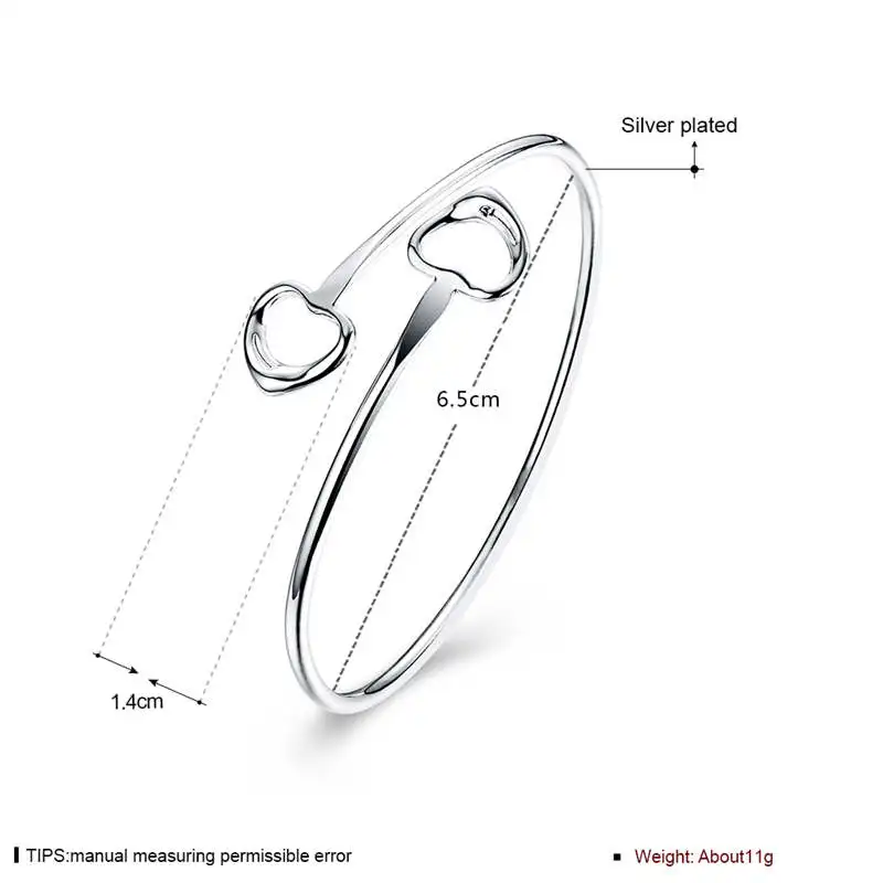 HZYMEZ Fashion Double Love Heart Bangle Metal Open End Cuff Bracelets &amp Bangles Silver Color Plated Jewelry For Women Jewelery |