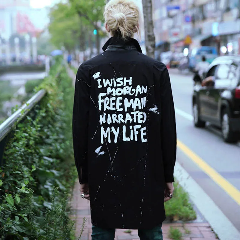 Привет улица Harajuku расширенный мужчины рубашки отпечатано с отложным воротником