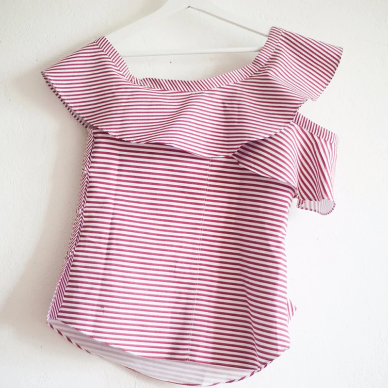2018 брендовые полосатые топы Для женщин Летняя Мода с плеча рубашки короткий