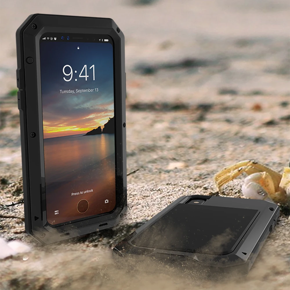 Luxury Doom armor Dirt Shock Waterproof Metal Aluminum phone bags case For iphone X cover+Tempered glass |